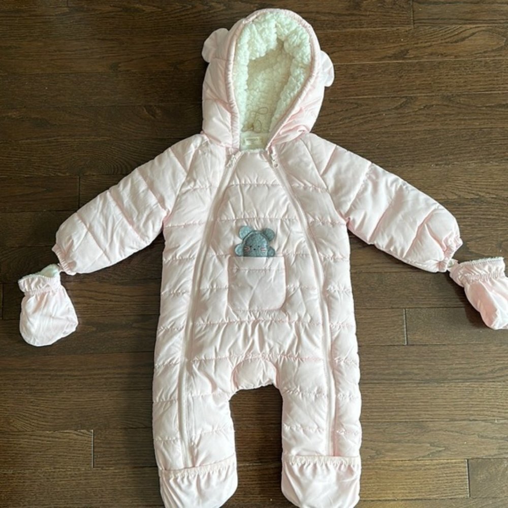 Mango Kids Baby Pink Quilted Puffer Snowsuit with Sherpa & Faux Fur Lining